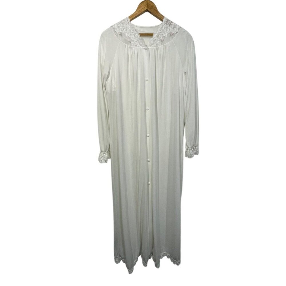 Shadowline Vtg Pegnoir Set White Nightgown and Robe Lace Trim Pink Roses Sz S
